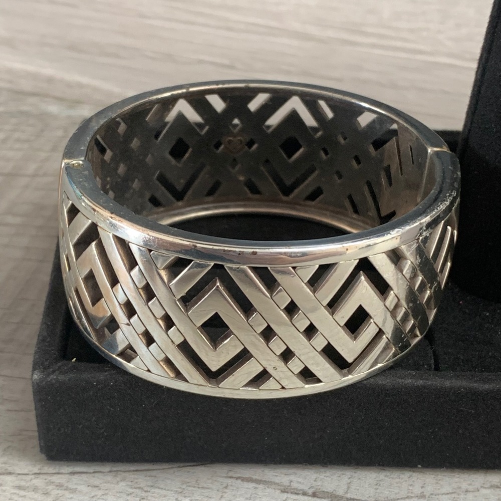 Brighton Silver Tone Geometric Lattice Hinged Bangle Cuff Bracelet